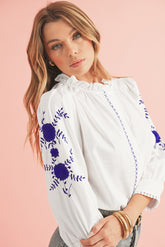 White Floral Embroidered Button Up Boho Blouse